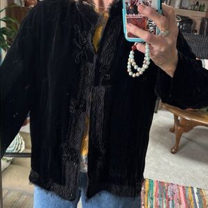 Chicos black velvet unstructured jacket.